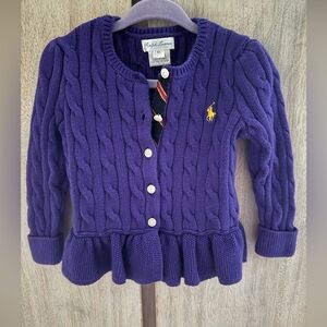 Ralph Lauren Purple Cable Knit Cardigan Sweater w/ Ruffle Hem SZ: 18 Months
